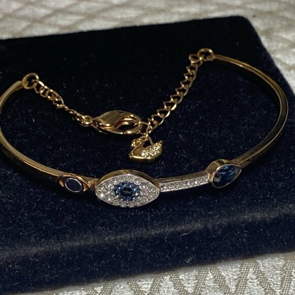 Swarovski Evil Eye Bangle Bracelet Gold-Tone Blue Crystal Small Swan Logo - Picture 2 of 13
